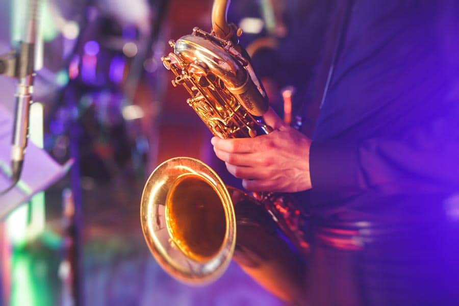 saxophonist on stage at Savannah Jazz Festival 2023