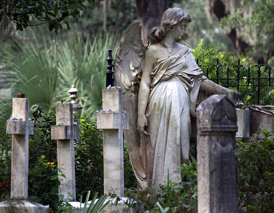 statuary and headstones in Bonaventure Cemetery